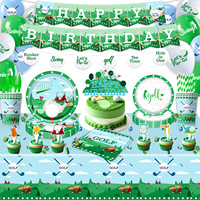 Kit de vaisselle sur le thème du golf pour fête d'anniversaire, décoration verte, assiettes en papier, serviettes, bannière, décoration de gâteau, ballons en latex, toile de fond