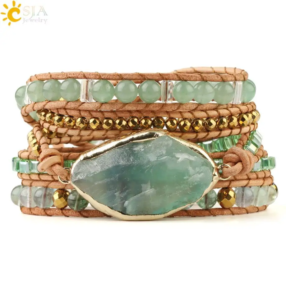 Csja pulseira de couro, pulseira de couro feita à mão, com pedra aventurina verde natural, 5 fios de charme, joia boho g118