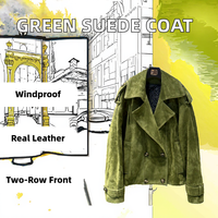 Veste en cuir de mouton véritable à double boutonnage pour femme, coupe-vent, en daim vert, disponible en échantillon et personnalisable