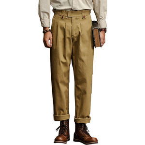Personalizado recto Nápoles Vintage pierna ancha Casual espiga 100% algodón estilo inglés plisado Gurkha Pantalones - Product Image 1