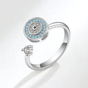 Amazon Hot Sale 925 Sterling Silber Anti-Angst Spinning Einstellbar Offen 5A CZ Rotierendes Zappeln Evil Eye Ring für Damen schmuck