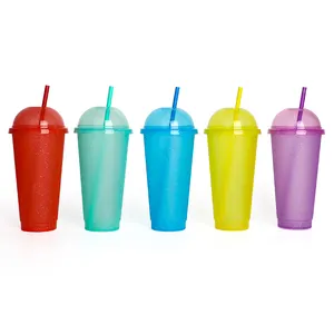 24 Oz Custom Smoothie Tumbler Stro Herbruikbare Plastic Bekers Met Dome Deksel