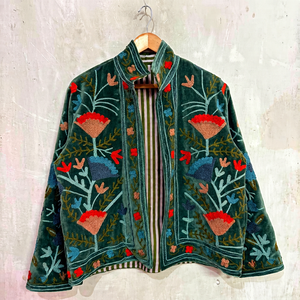 Luxury Green <b>Velvet</b> Embroidered Suzani <b>Jacket</b> with Floral Pattern Full Sleeve Stand Collar Handmade Boho Winter Coat - Product Image 1