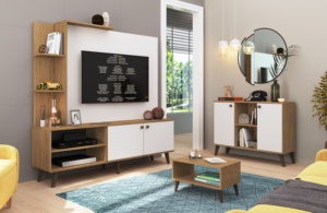 Buffet moderne de style rétro Decibel DB-AR1300, 2 portes, meubles de salon en bois, panneaux de particules MDF, couleur naturelle/blanc - Product Image 6