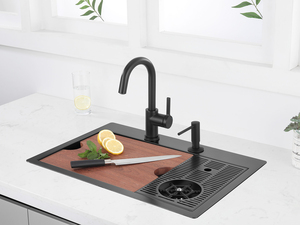 Évier de bar à cuve unique en acier inoxydable noir avec rince-verre et planche à découper - Product Image 6