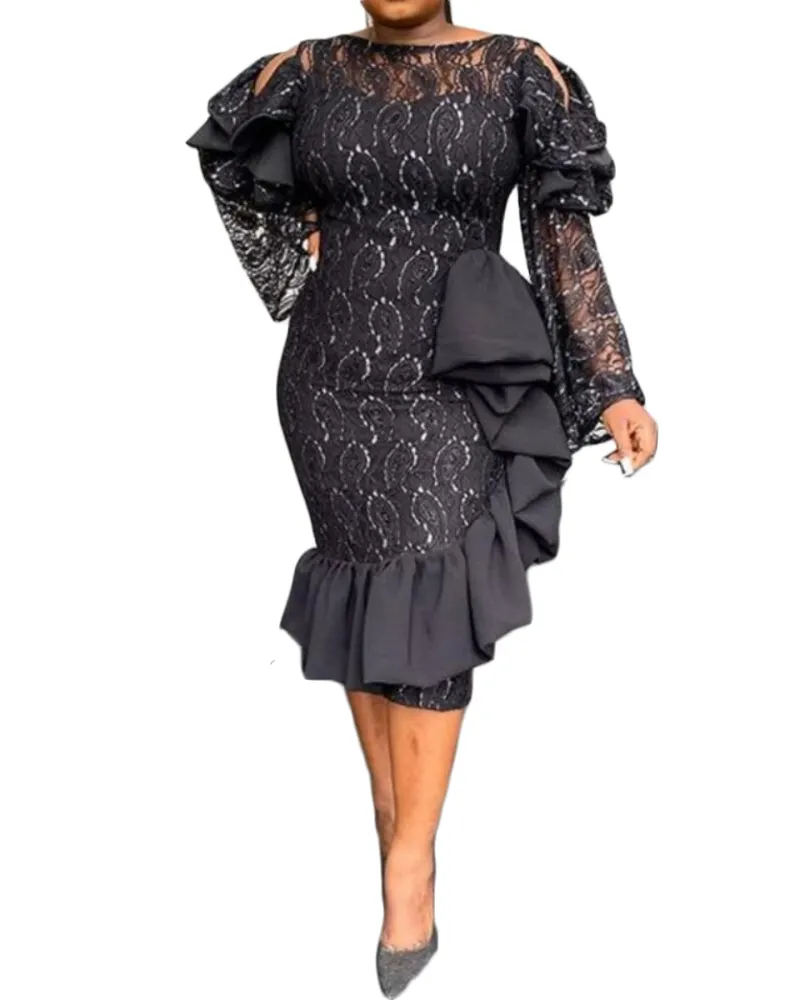 Vintage Black Lace Party Dresses Elegant Women Bare Shoulder See Through Flare Sleeve Slim Fit Dress Fall 2022 Celebrity Outfits