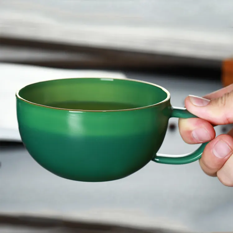 Green Jade Glass Coffee Mugs With Gold Rim Creative Glass Tea Cups Handmade Glassware Drinking Cup