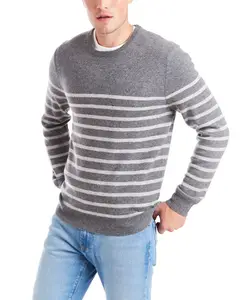Sweater rajut pria, 100% kasmir kualitas tinggi bergaris leher kru Pullover