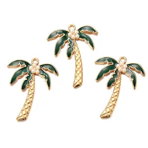 Top quality summer vacation style happy life green enamel palm tree coconut charms DIY for bracelet necklace pendant