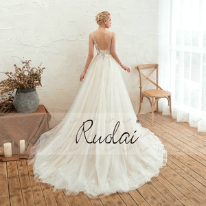 Ruolai ASA28348 Sexy vestido de <span class=keywords><strong>novia</strong></span> con apliques de encaje volantes tul cuello en V A-Line nupcial barato vestido de boda de playa - Product Image 5