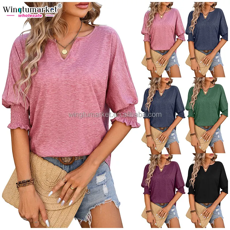 Blusa de algodón de verano tops casual fruncido cuello en V camisas sueltas suaves 3/4 smocked puff manga Top camiseta Mujer