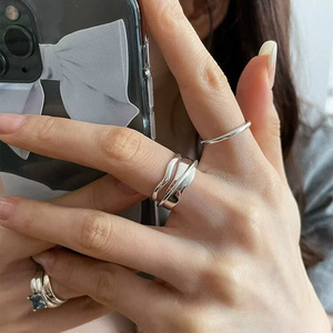 S925 <b>Sterling</b> <b>Silver</b> Irregular Double Layer <b>Ring</b> Women <b>Adjustable</b> Geometric Design Everyday Wear - Product Image 4