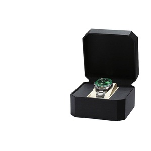 Boîte à montre noire de luxe avec logo personnalisé, en cuir PU fait main à motif litchi, coussin en velours, emballage carré, boîte cadeau protectrice - Product Image 1