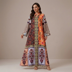 Boutique Style Printed Polyester Abaya Ethnic <b>Patchwork</b> Floral Long Sleeve Maxi Hotfix Detail Anti-Wrinkle Resort Gathering - Product Image 1
