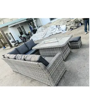 Sectional L shape corner wicker furniture garden rattan dining sofas and outdoor fire pit table