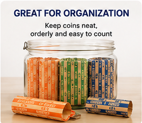 Kraft <b>Paper</b> Coin Wrappers <b>Orange</b> Green Blue Striped Design for Pennies Nickels Dimes Quarters 150 Pcs Food Grade Packaging - Product Image 1