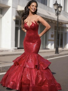 LY-PD0220 Formal <strong>Red</strong> <strong>Sequin</strong> Mermaid V-neck Off-Shoulder Sleeveless Floor-Length Sweep Train Modern Party Gown 100% Polyester - Product Image 2