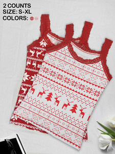 Top de Tirantes Rojo con Encaje y Estampado de Reno y Copo de Nieve para Mujer, Venta al por Mayor, Personalizado OEM, Ropa Casual de Vacaciones - Product Image 2