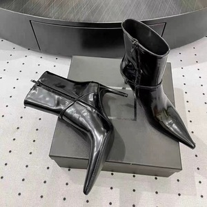 2026 Haute Couture Trendy Super High Heel Pointed Ankle <b>Boots</b> Black Metal Buckle Sexy Thin Heel Side <b>Zip</b> Ladies <b>Boots</b> Wholesale - Product Image 2