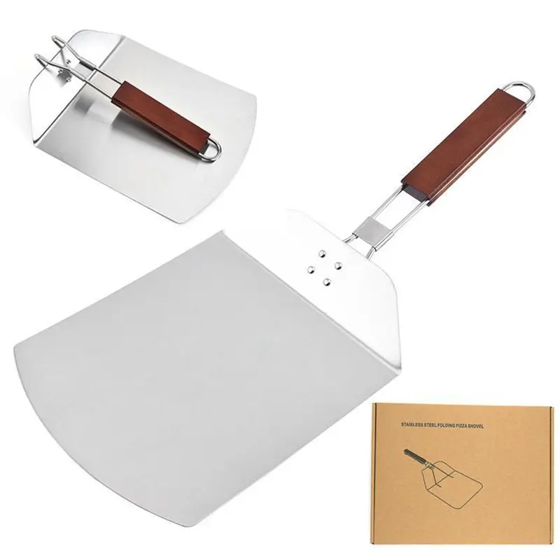 Pá De Casca De Pizza De Aço Inoxidável Dobrável 14 ''Pala De Pizza Peel Acessórios De Forno Com Cabo De Madeira Cortador