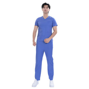 Set di Scrub medicali in poliestere elasticizzato a 4 vie blu scuro personalizzato | Uniforme ospedaliera Unisex OEM con pantaloni in vita elastica - Product Image 1