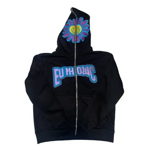 Free design puff printing hoodie custom streetwear vintage french terry hoodies embroidery oversized full zip up hoodie