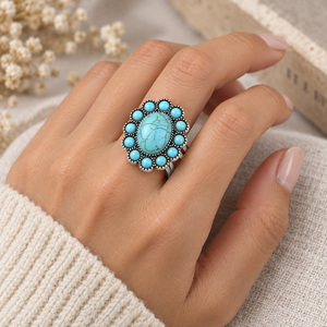 Bague Statement Ovale Bohème Bleu Turquoise à Motifs Floraux, Couleur Argent Vieilli, Bande Ouverte, Bijou Western <span class=keywords><strong>Vintage</strong></span> pour Femme, Cadeau de Fête - Product Image 5