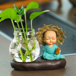 Figurine de moine en chapeau de paille, vase de bureau en résine, style zen asiatique, décoration de bureau, cadeau - Product Image 3