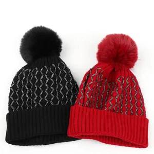 Caustom Red Pom Pom Beanie Winter Hat For Women silver fiber Warm Chunky sequin Soft Cable Knit Hats Cold Weather
