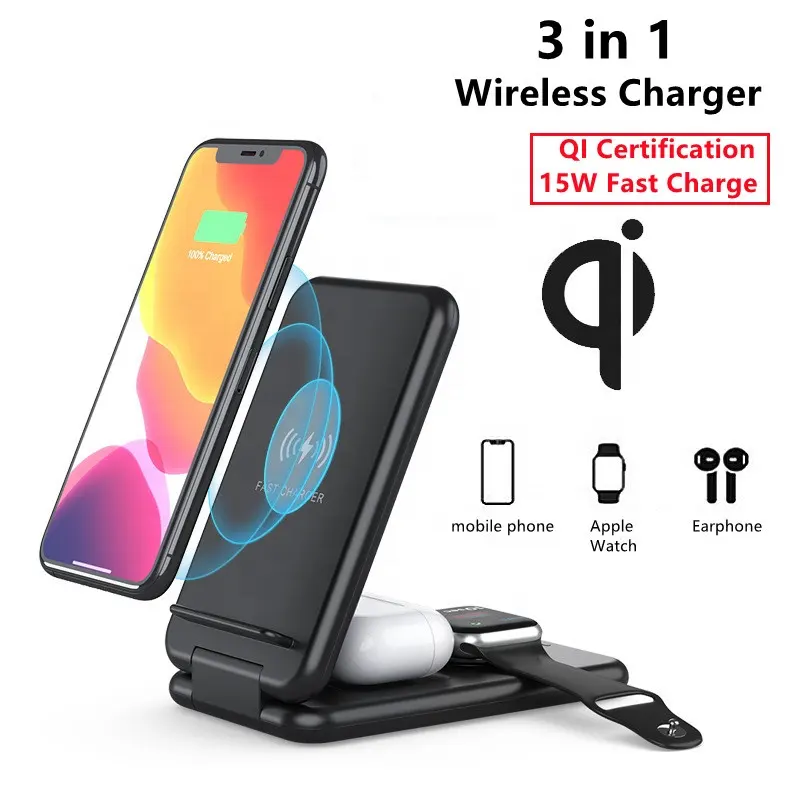 Wholesale 3 in one 15W Qi Fast Wireless Charger Stand For iPhone Cell Phone Charger 3 in 1 Foldable Charging Dock Station