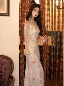 Nouvelle <span class=keywords><strong>Robe</strong></span> <span class=keywords><strong>Cheongsam</strong></span> sans Manches à Col Halter de Style Chinois pour Femme, Améliorée, Élégante, <span class=keywords><strong>Robe</strong></span> de Mariée, <span class=keywords><strong>Robe</strong></span> de Matin, <span class=keywords><strong>Robe</strong></span> d'Été Noble Coupe Sirène - Product Image 4