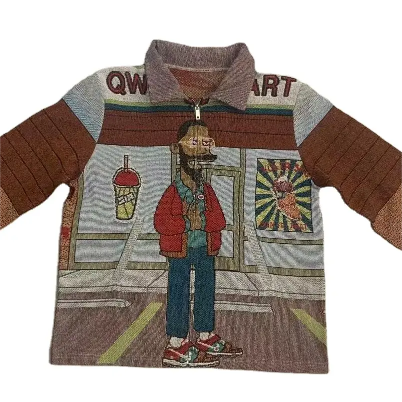 Custom tapestry outdoor jacket crew necks men's sweater all plus sizes woven jacquard hoodie fleece sweater jacket