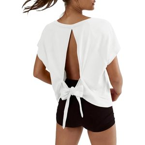 Womens Open Back Crop <b>Top</b> V Neck Short Sleeve Tie Back Athletic Yoga Shirt Breathable Spandex Cotton Oversized Workout <b>Top</b> - Product Image 1