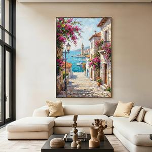 Pintura al Óleo de Callejón Mediterráneo, Paisaje Costero, Lienzo Pintado a Mano, Arte Mural Realista con Flores y Mar - Product Image 3