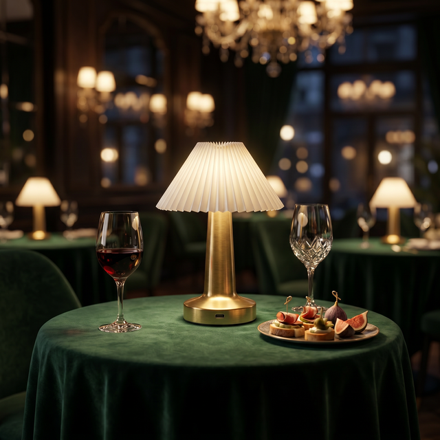 Modern Decor Dimmable Restaurant Rechargeable Pleated Brass Small Table Lamp with USB-C Charging Port