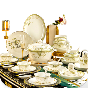 Luxury Bone China <b>Dinnerware</b> <b>Set</b> 60pcs Scenic Design Portable Reusable Golden Rim Green Ceramic Dishes for Wedding Gift <b>Set</b> - Product Image 1