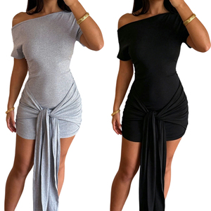 Solid Color Asymmetric Knit Eco-Friendly Women's Short Sleeve Natural Waist Dress Elegant Ribbon <b>Tie</b> Wrap Daily Mini Dress - Product Image 1