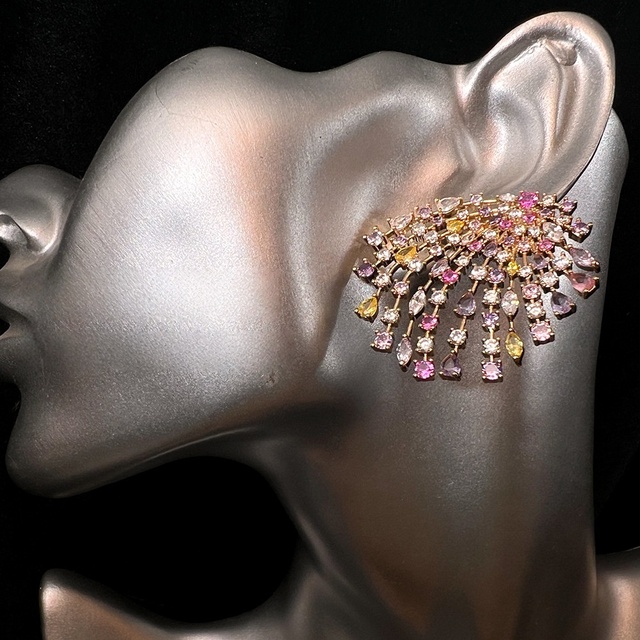Premium Luxury Multi Color Crystal Fan Design Women's Large Rainbow Firework Shape Earrings for Banquet Occasions