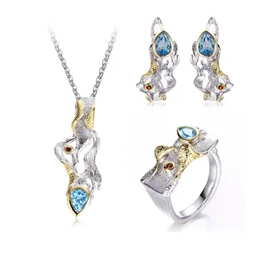 Wanita Sterling Perak Set Garnet dan Blue Topaz Emas Berlapis Perhiasan Set