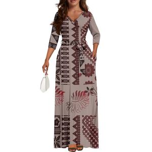 Dear Polynesian Tribe personalizado gran oferta flor verde manga larga cuello en V hueco mujeres Casual elegante vestido Hawaiano estampado a pedido - Product Image 3