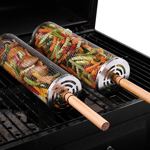 Cesta de <span class=keywords><strong>barbacoa</strong></span> rodante de acero inoxidable con mango de madera para exteriores, accesorios de camping, <span class=keywords><strong>herramientas</strong></span> para parrilla de barril - Product Image 2