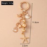 Porte-clés en alliage de zinc avec perles superposées, pendentif cœur, coquillage, étoile et lune plaqué or pour femme, décoration de sac à main
