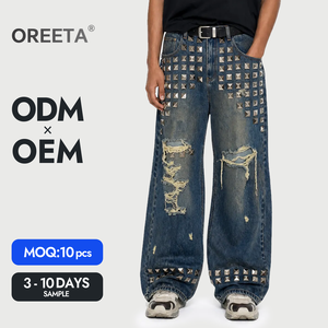 Jeans streetwear pour hommes avec logo personnalisé, rivets de haute qualité, déchirés, micro-flare, coupe ample, impression de marque personnalisée - Product Image 1