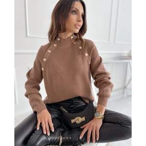 <b>Brown</b> Shoulder Button Detail Sweater Women's Ribbed Knit <b>Long</b> <b>Sleeve</b> <b>Top</b> Fashion Casual Wear Standard Fit - Product Image 1