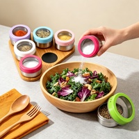 Ensemble de boîtes à épices magnétiques avec support en bambou, 6 pièces, colorées, durables, de qualité alimentaire, étanches, en acier inoxydable, avec couvercles transparents