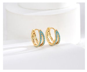 Boucles d'oreilles créoles tendance en or 18 carats à double couche, serties de micro-incrustations de turquoise, style classique, en alliage de zircon, cadeau élégant - Product Image 2