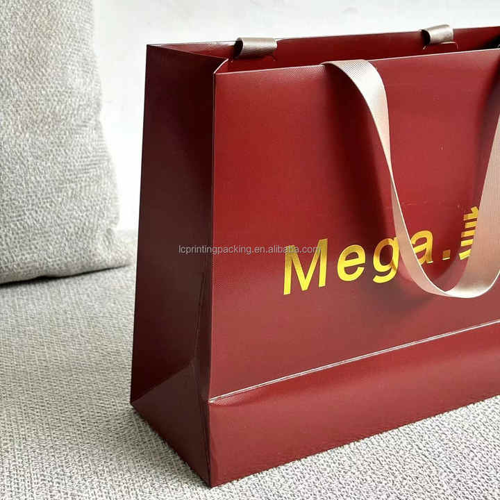 Custom gold foil logo luxury texture paper gift shopping bag double ...