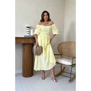 Vestido de lino de muselina amarillo de talla única con cuello fruncido, de alta calidad, informal, de tweed, con cintura imperio y volantes, ideal para el día a día. - Product Image 5