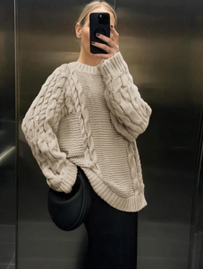 Maglione Oversize da <span class=keywords><strong>Donna</strong></span> <span class=keywords><strong>Beige</strong></span> con Collo Rotondo e Lavorazione a Trecce - Product Image 5
