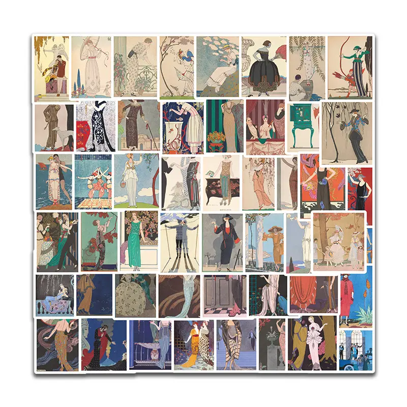 50 قطعة جورج باربير موضة الفن التوضيح حقيبة حقيبة تروللي بعجلات الهاتف الكمبيوتر الكتابة على الجدران الرجعية ملصقات